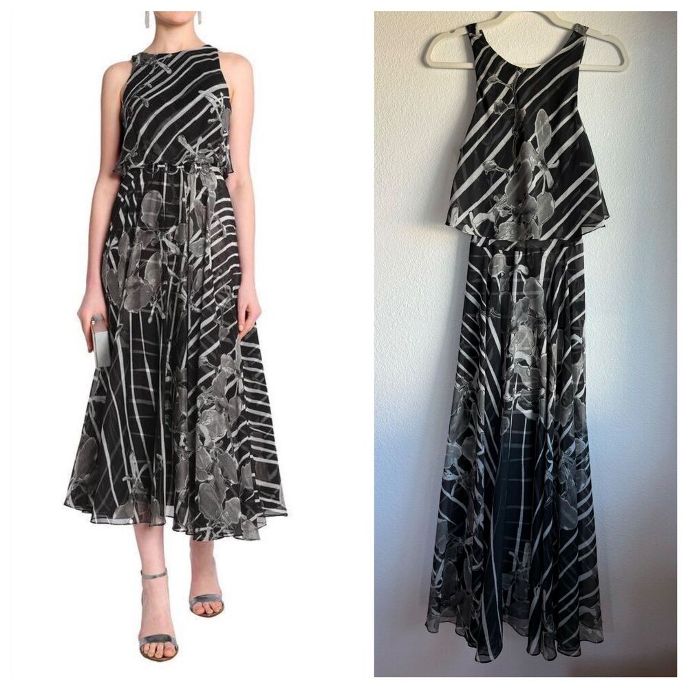 Halston Heritage Gray Floral Chiffon Midi Dress Spring 2016 RTW Collection Sz 4